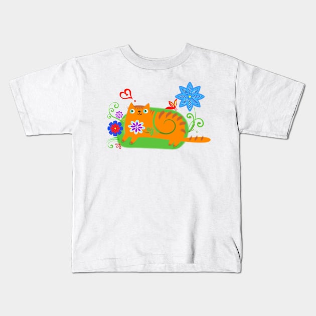 cat in flowers Kids T-Shirt by Karlov Print